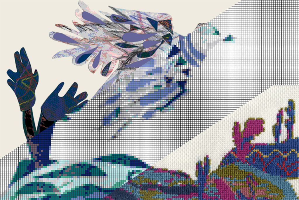 upper left: Flora's collage • middle: photostitch version 168 squares wide, restricted to 8 colours • lower right: stitched panel interpreted in project palette